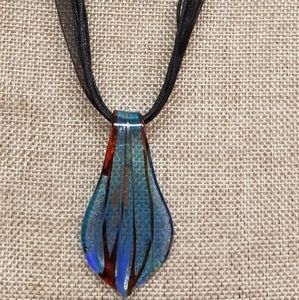 Fused GLASS Necklace 18" Blue gold red Pendant